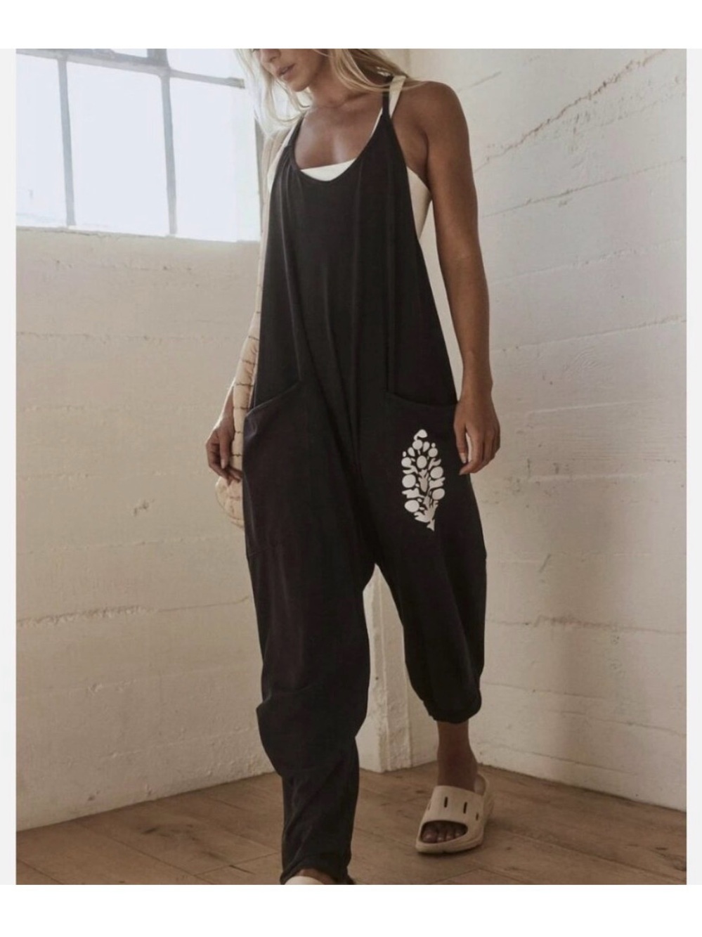 Free People Movement Hot Shot Onesie Front Logo Washed Black Size XL